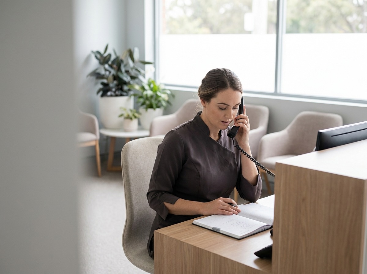 A practice manager at the front desk of a calm clinic with a paper diary